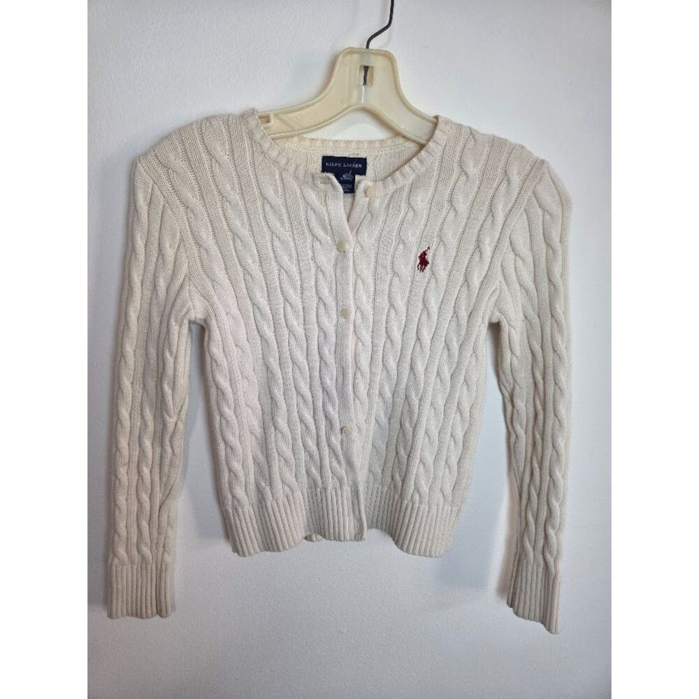 Ralph Lauren Girls Off White 100% Cotton Cable Knit Cardigan size Medium (8-10)